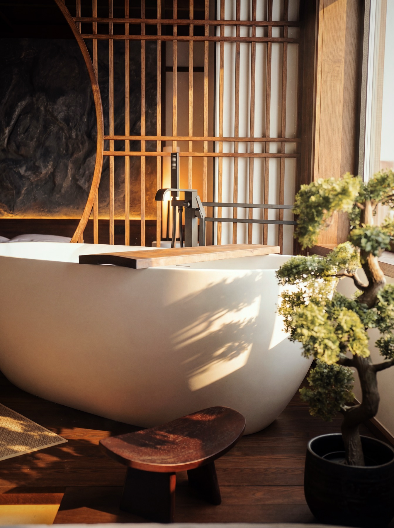 Freestanding bath and bonsai detail