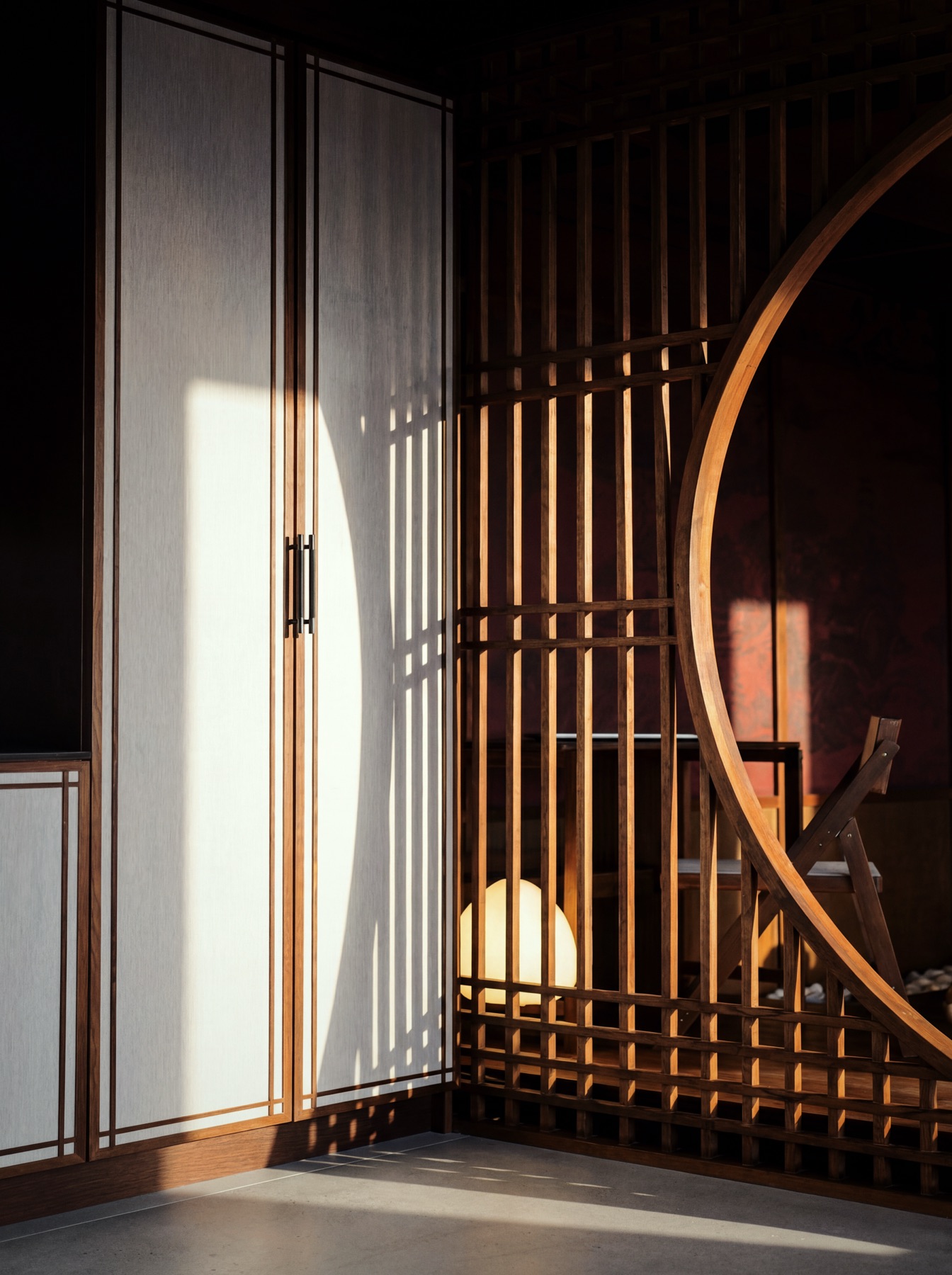 Japandi screen detail in warm morning light